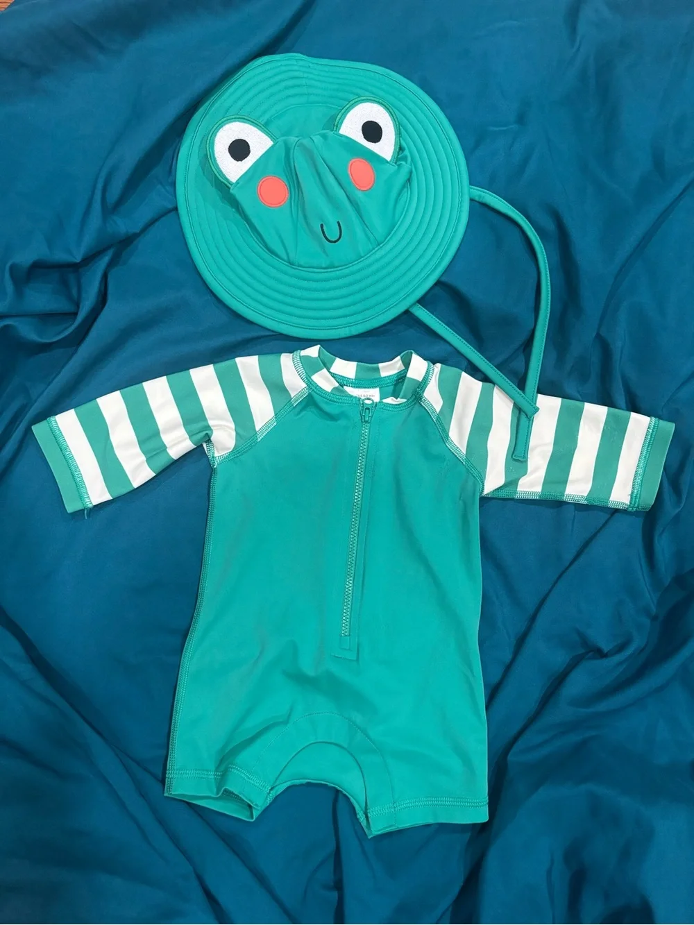 Hanna Andersson Turquoise & White Striped Sleeve One-Piece with Frog Sun Hat